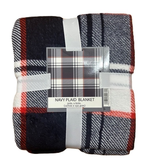 Navy Plaid Blanket NWT Blue Red White Fleece Home Bedding 50x60” Throw - Picture 1 of 3